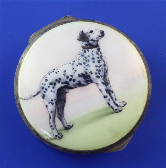 A 1920s continental engine turned silver and guilloche enamel circular pill box decorated with a Dalmatian, 1.75in.